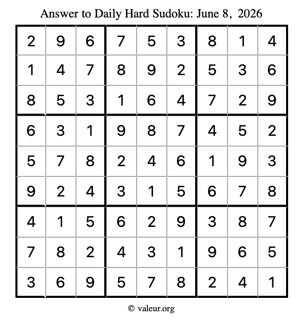 Answer to hard sudoku June 8, 2026