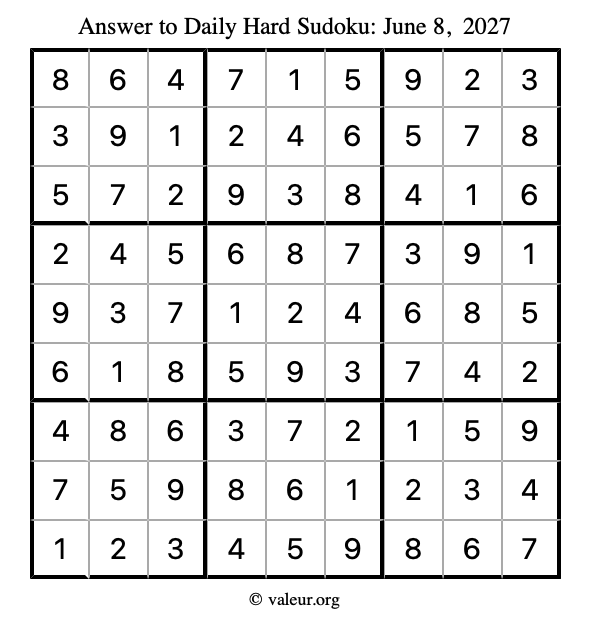 Answer to hard sudoku June 8, 2027