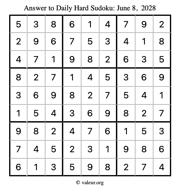 Answer to hard sudoku June 8, 2028