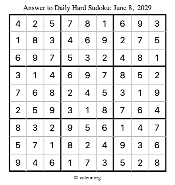 Answer to hard sudoku June 8, 2029