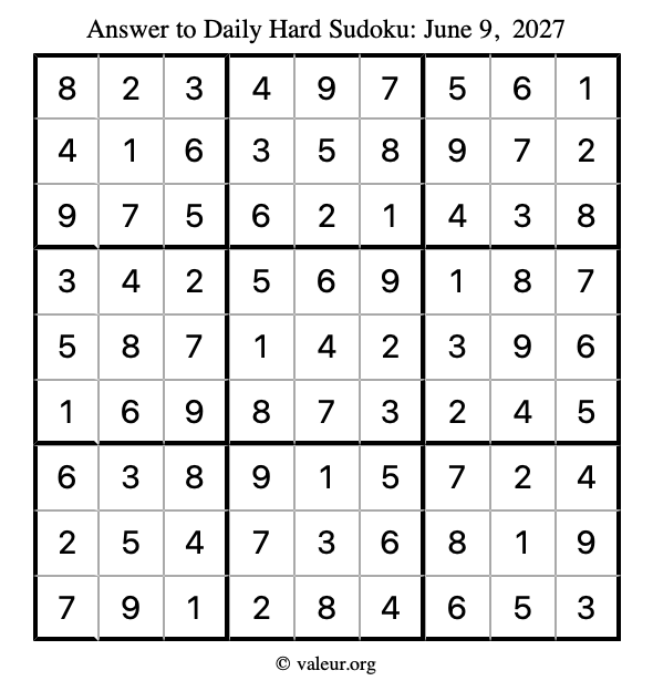 Answer to hard sudoku June 9, 2027