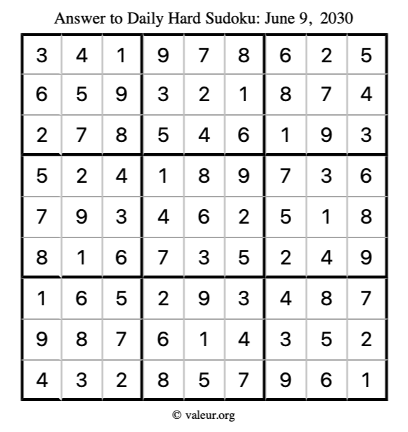 Answer to hard sudoku June 9, 2030