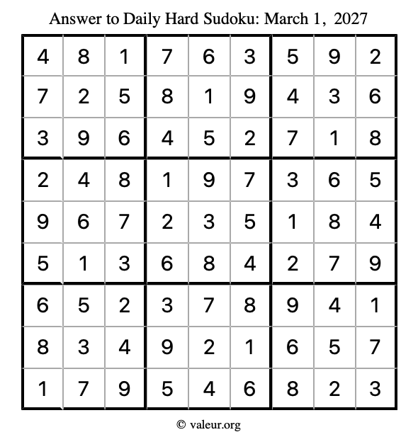 Answer to hard sudoku March 1, 2027