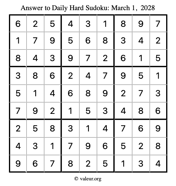 Answer to hard sudoku March 1, 2028