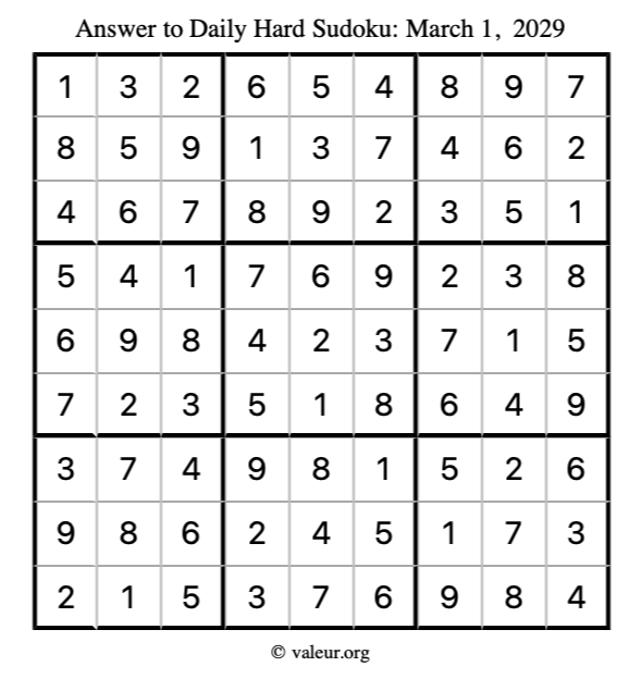 Answer to hard sudoku March 1, 2029