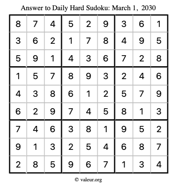 Answer to hard sudoku March 1, 2030