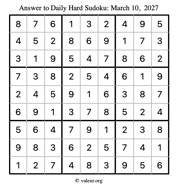 Answer to hard sudoku March 10, 2027