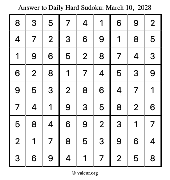 Answer to hard sudoku March 10, 2028