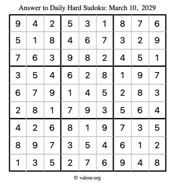 Answer to hard sudoku March 10, 2029