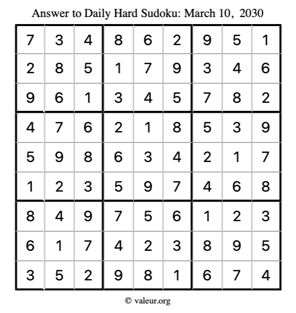 Answer to hard sudoku March 10, 2030