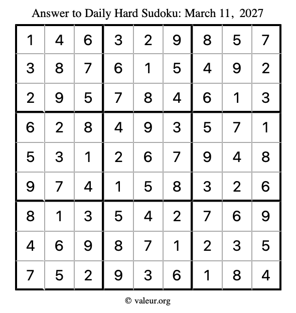 Answer to hard sudoku March 11, 2027