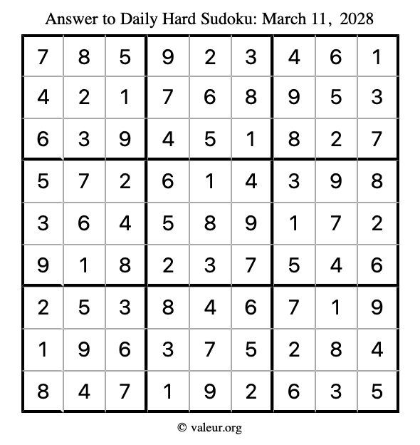 Answer to hard sudoku March 11, 2028
