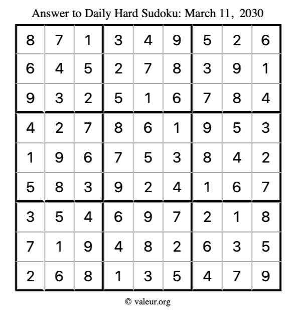 Answer to hard sudoku March 11, 2030