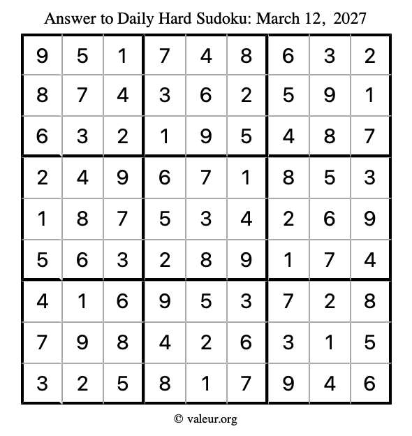 Answer to hard sudoku March 12, 2027
