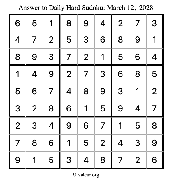 Answer to hard sudoku March 12, 2028