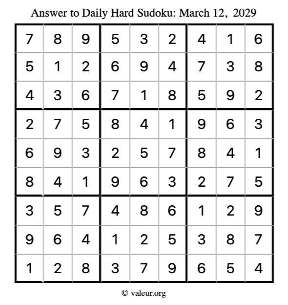 Answer to hard sudoku March 12, 2029