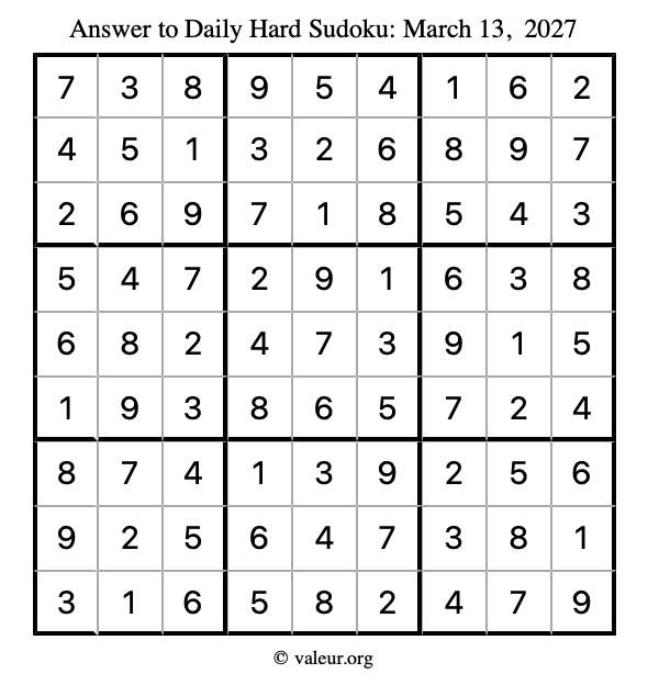 Answer to hard sudoku March 13, 2027