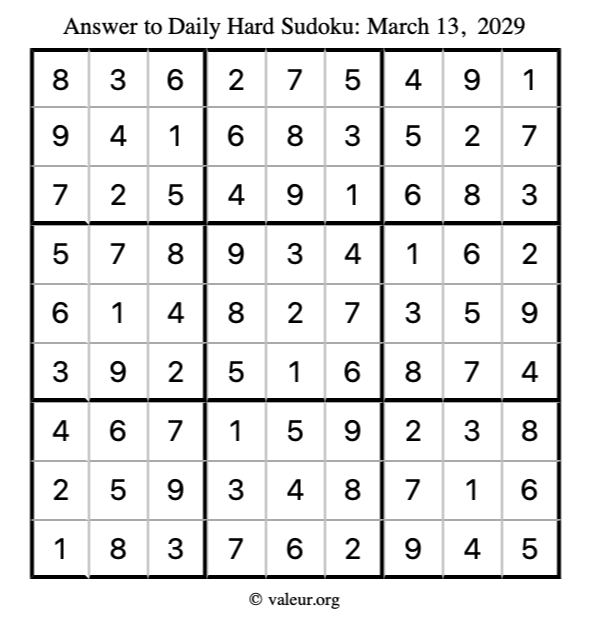 Answer to hard sudoku March 13, 2029