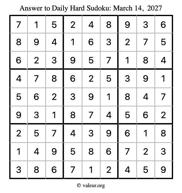 Answer to hard sudoku March 14, 2027