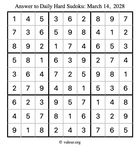 Answer to hard sudoku March 14, 2028
