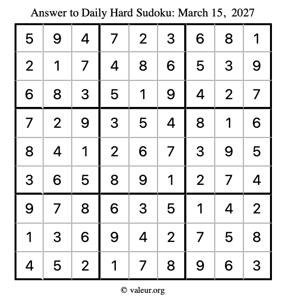 Answer to hard sudoku March 15, 2027