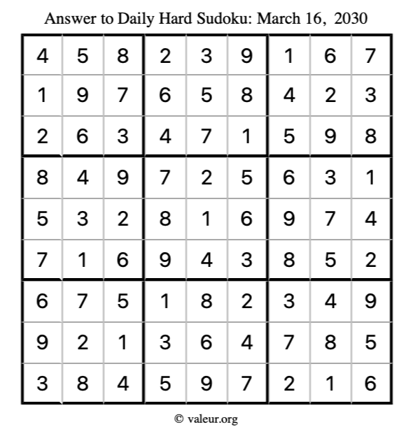 Answer to hard sudoku March 16, 2030