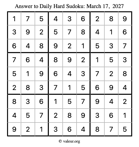 Answer to hard sudoku March 17, 2027