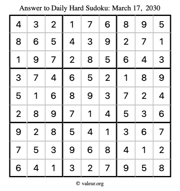 Answer to hard sudoku March 17, 2030