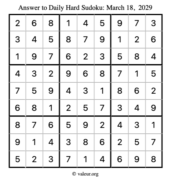 Answer to hard sudoku March 18, 2029