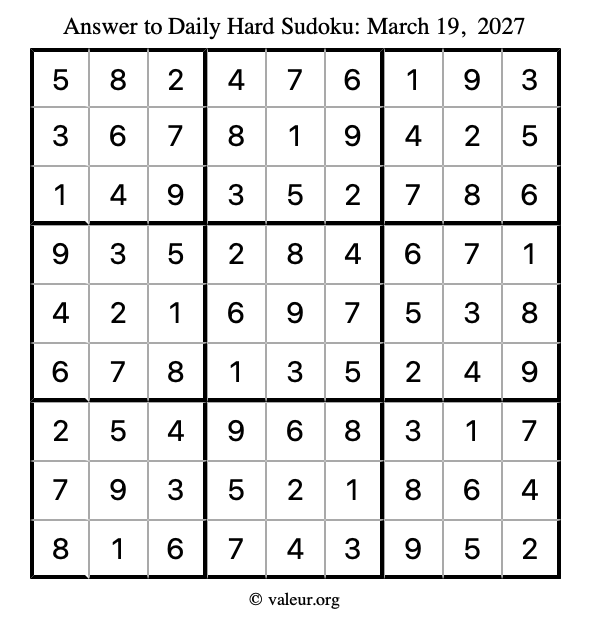 Answer to hard sudoku March 19, 2027