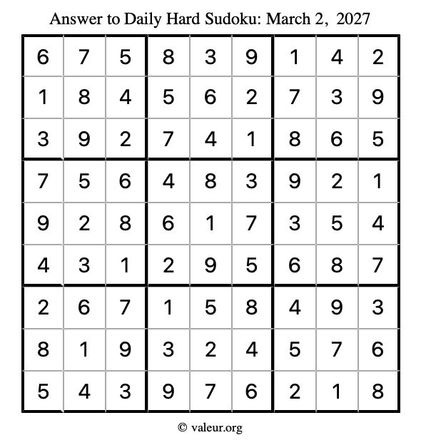 Answer to hard sudoku March 2, 2027