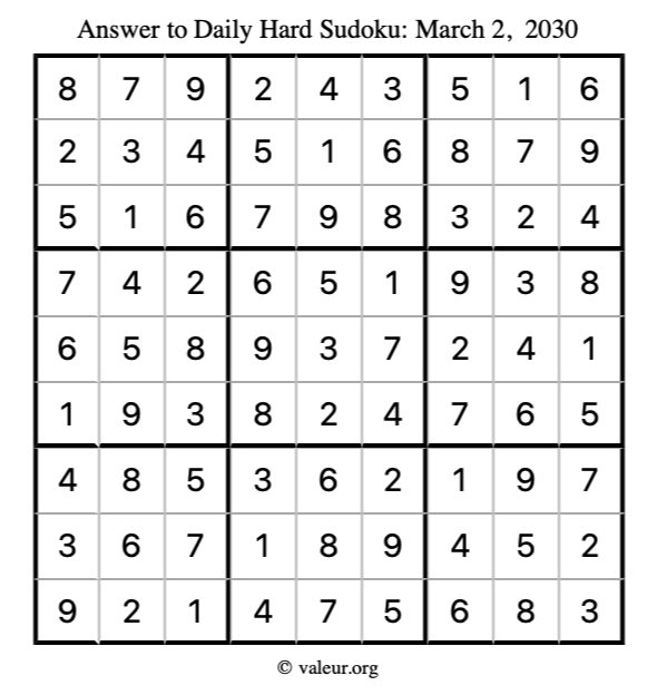 Answer to hard sudoku March 2, 2030
