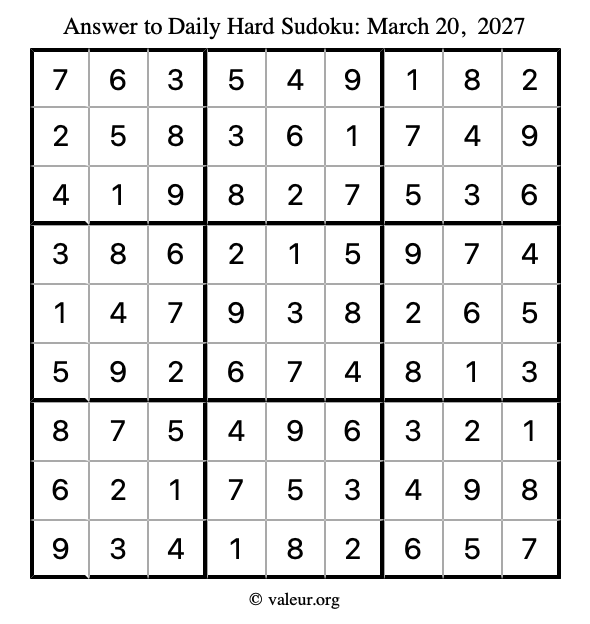 Answer to hard sudoku March 20, 2027
