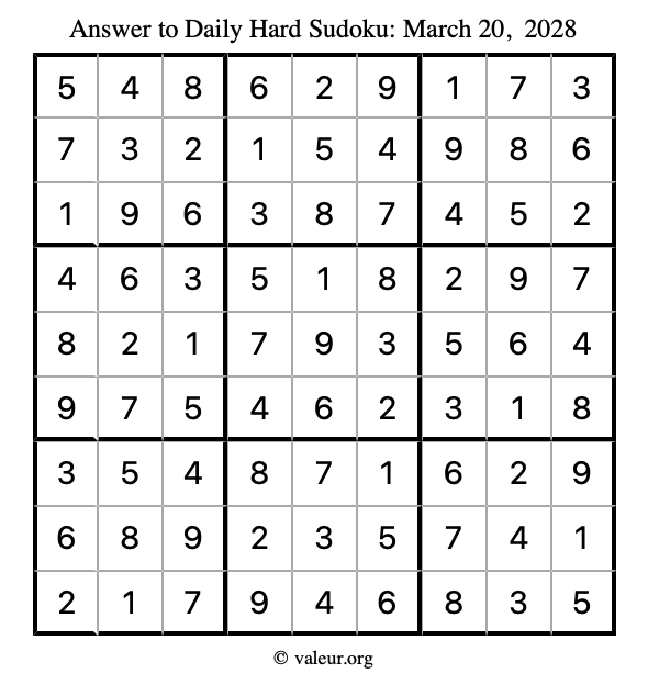 Answer to hard sudoku March 20, 2028