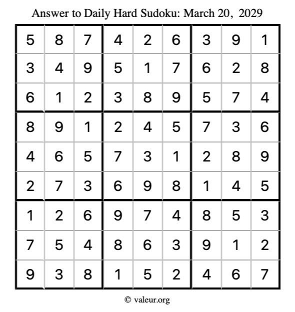 Answer to hard sudoku March 20, 2029