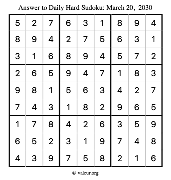 Answer to hard sudoku March 20, 2030