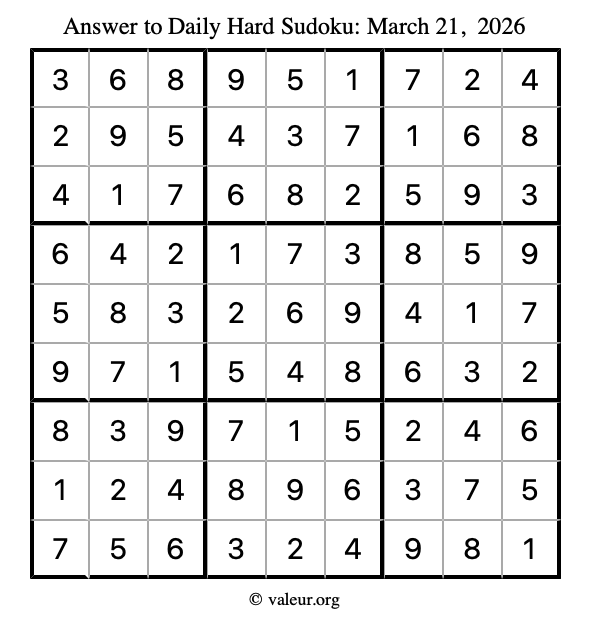 Answer to hard sudoku March 21, 2026