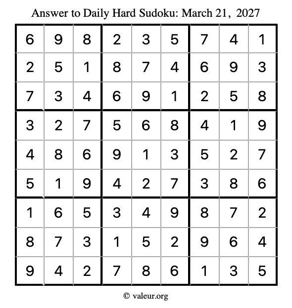 Answer to hard sudoku March 21, 2027