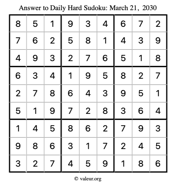 Answer to hard sudoku March 21, 2030