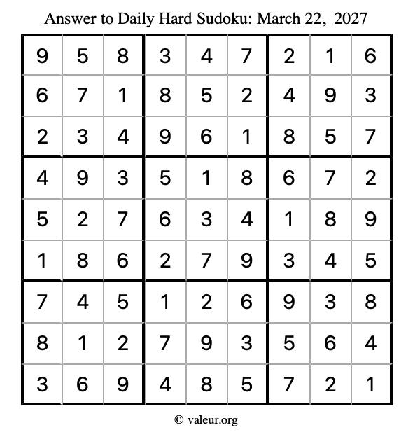Answer to hard sudoku March 22, 2027