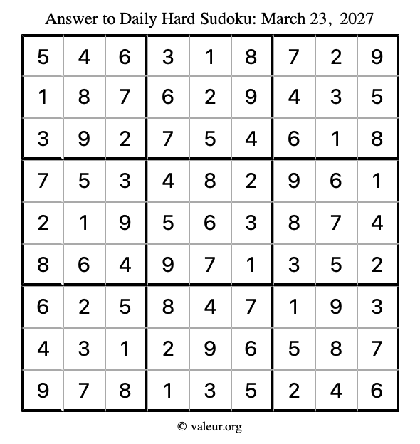 Answer to hard sudoku March 23, 2027