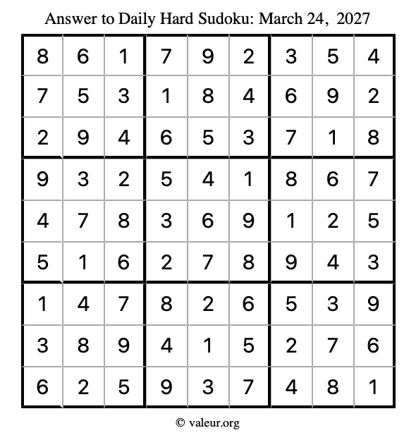 Answer to hard sudoku March 24, 2027