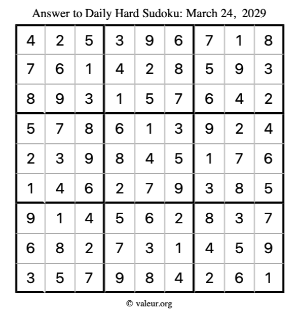 Answer to hard sudoku March 24, 2029
