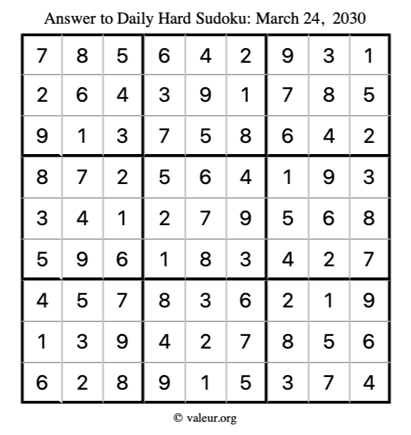 Answer to hard sudoku March 24, 2030