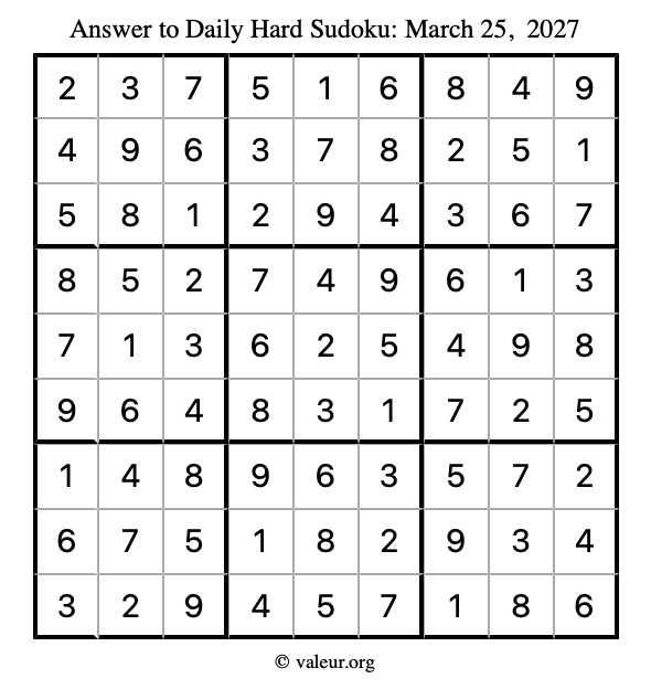 Answer to hard sudoku March 25, 2027