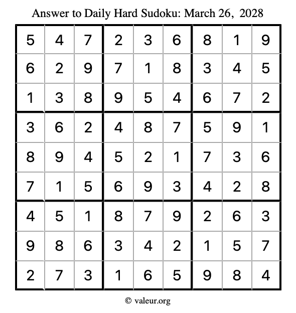 Answer to hard sudoku March 26, 2028