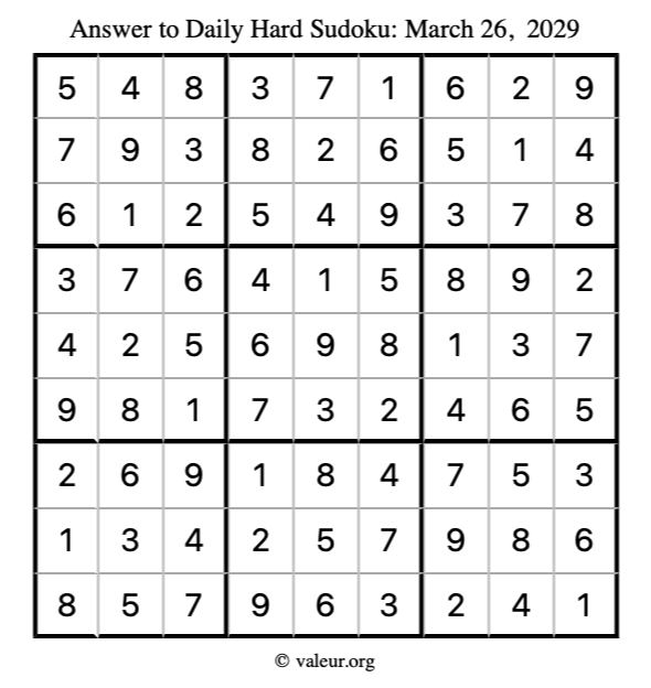 Answer to hard sudoku March 26, 2029