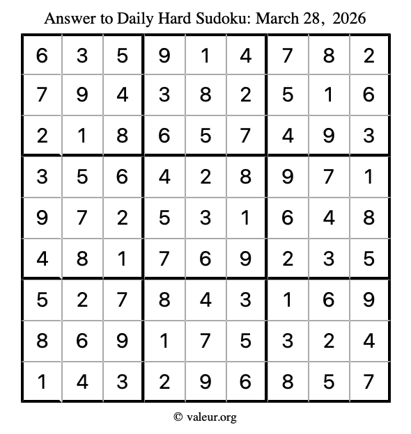 Answer to hard sudoku March 28, 2026