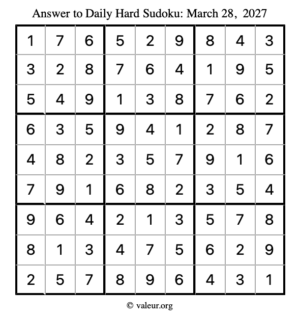 Answer to hard sudoku March 28, 2027