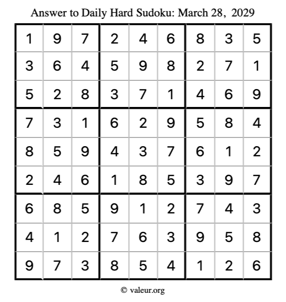 Answer to hard sudoku March 28, 2029